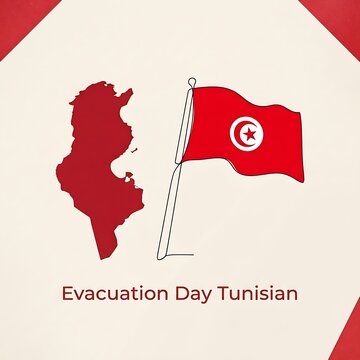 Red map silhouette of Tunisia with waving flag celebrating Tunisian Evacuation Day on a light background.