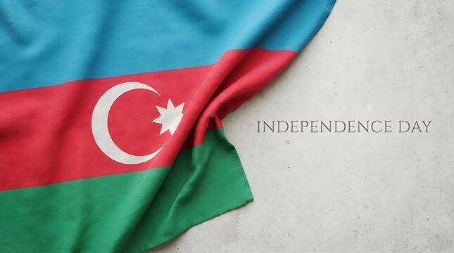 Draped Azerbaijan flag fabric celebrating Independence Day placed on a light grey textured stone surface.
