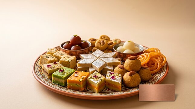 Diwali sweets platter variety, Traditional Indian sweets arranged on a decorative plate against beige background  