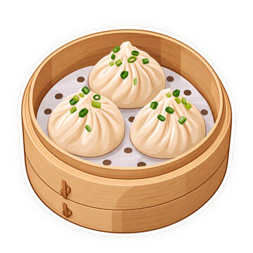 Steamed dim sum xiao long bao dumplings in a bamboo steamer illustration, isolated on white background, sticker style clip art