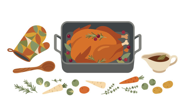 Roasted Thanksgiving turkey in pan with vegetables, festive holiday dinner set with gravy and oven mitt, traditional Christmas poultry feast vector isolated on White Background