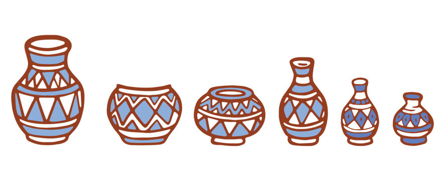 Decorative Blue Ceramic Vases Set with Geometric Pattern Hand Drawn Vector Illustration