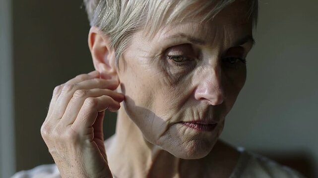 Reaching senior woman tucking hair behind ear beside window, wearing light blouse exposing ear