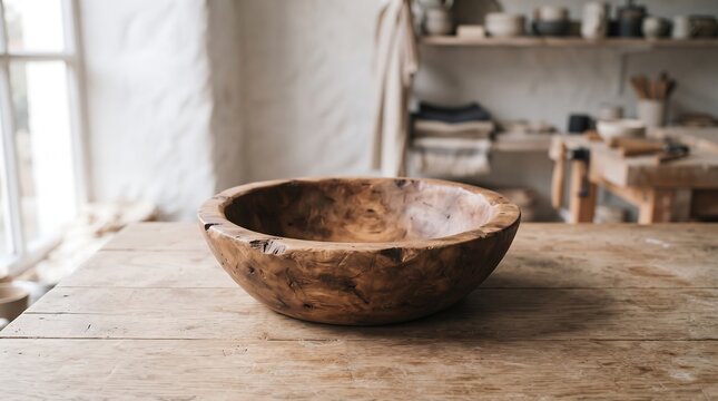 Empty carved wooden bowl on a rustic workbench with natural light