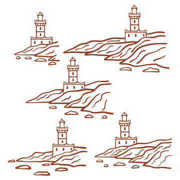 Lighthouse on Coastal Cliff Set Hand Drawn Line Art Vector Illustration