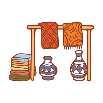 Traditional Moroccan Market Stall Display with Patterned Carpets, Folded Blankets, and Ceramic Vases Vector Illustration