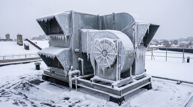 Industrial rooftop ventilation unit covered in ice and snow during winter