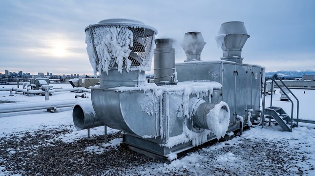 Frozen industrial ventilation unit on a snowy rooftop with copy space