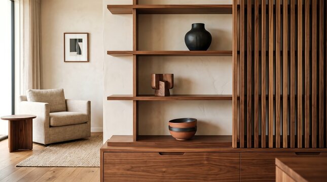 Modern wooden shelving unit in a minimalist living room with copy space