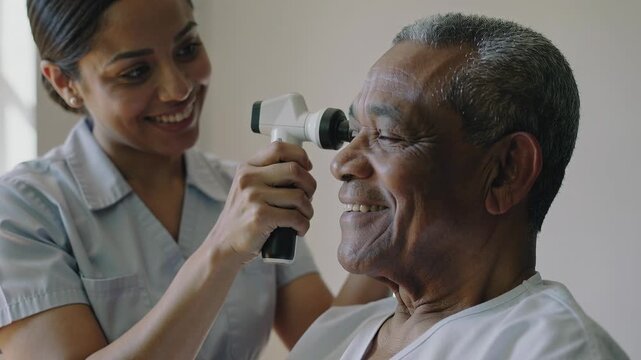 Starting exam caregiver in scrubs bringing otoscope near senior patient at clinic, building trust