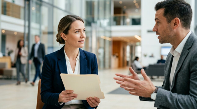 Business professionals discussing plans in modern office lobby