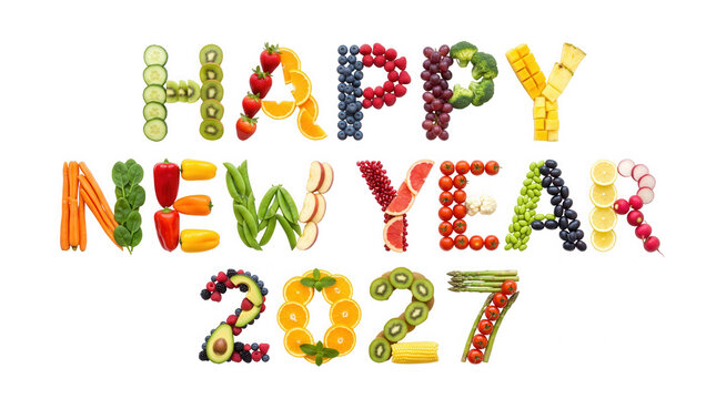 Happy New Year 2027 text made of fresh fruits and vegetables isolated on transparent background