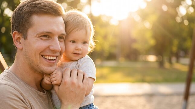 Joyful young father holding his little daughter at a playground, warm sunlight, beautiful sunlit effects, happy family bonding, love, and childhood