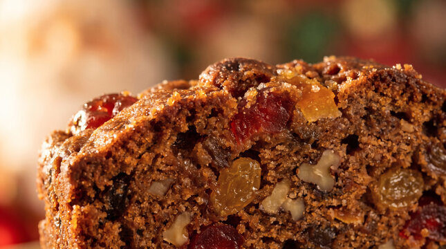 Macro texture of traditional Christmas fruitcake with nuts and candied fruit