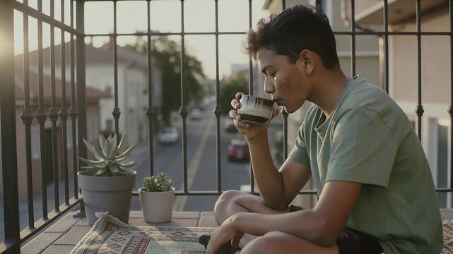 Lifting ceramic cup, teen male sipping to warm up on balcony, wearing green t-shirt, dark shorts