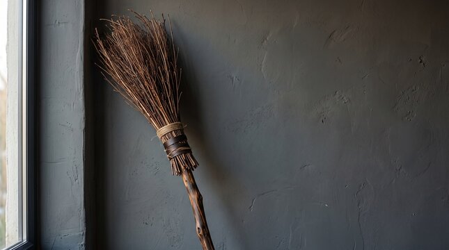Witch's broom leaning against a wall, Rustic handmade broom leaning against a textured dark wall indoors  