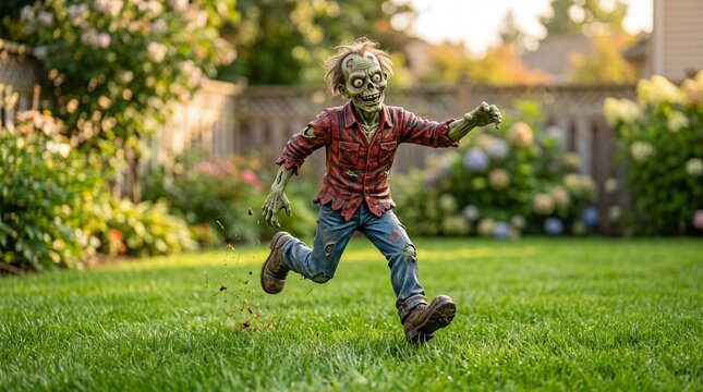 Animated zombie lawn ornament, Halloween zombie decoration in red shirt running on green lawn outdoors  