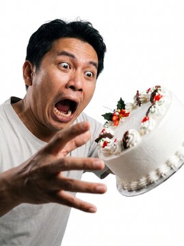 Surprised man drops festive cake, isolated on white background.