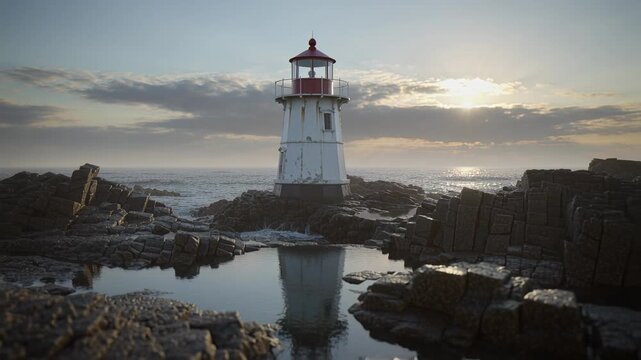 Pulling back camera revealing white lighthouse red cap on rocky shore, framing tide pool reflection