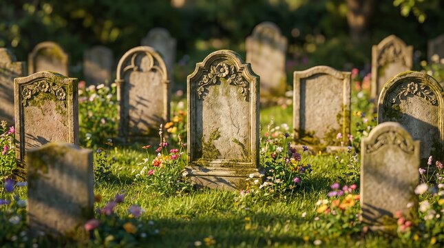 Grave markers in a yard, Old gravestones in a cemetery surrounded by grass and wildflowers  