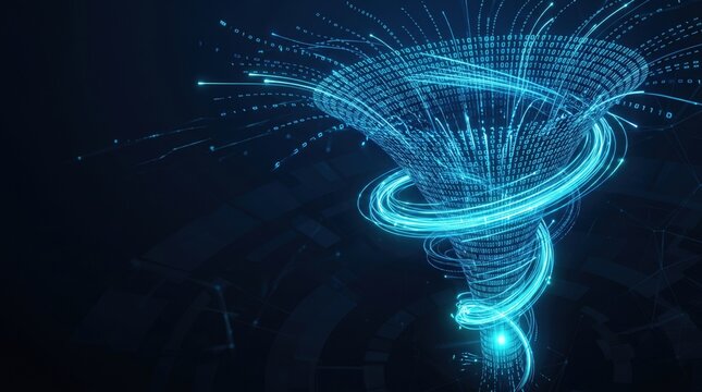 Glowing blue binary code funnel and digital data stream
