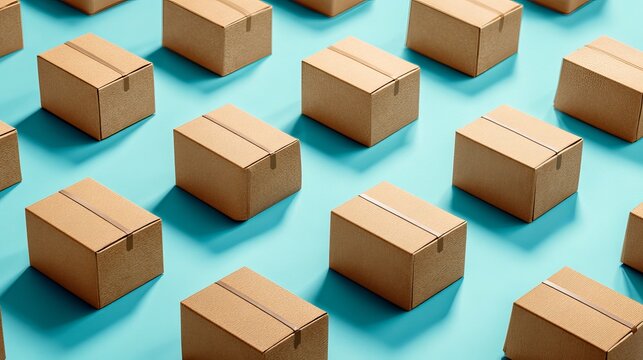 Cardboard shipping boxes arranged in an isometric pattern on bright turquoise background with soft studio lighting casting sharp shadows