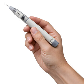 Hand Holding Insulin Injection Pen for Diabetes Treatment Isolated on Transparent Background