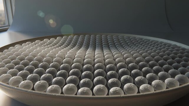 Camera pulling back, white-sphere array revealing wave pattern on tray near window, lens flare