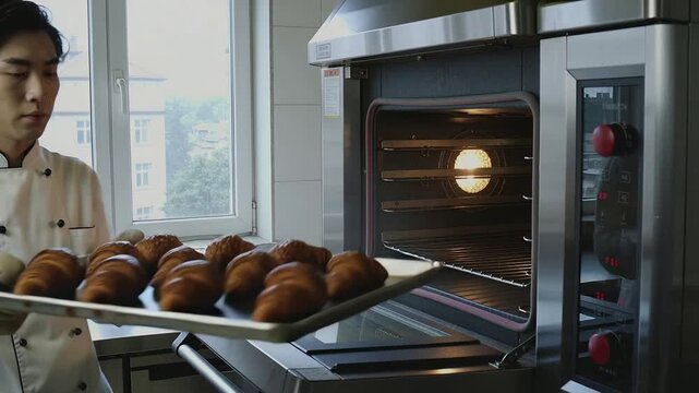 Chef in jacket and mitts removing tray as oven light glowing to cool croissants in kitchen