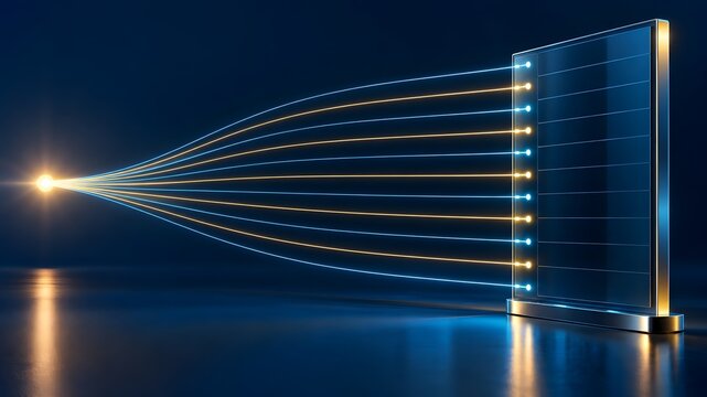 Glowing light streams branching from a single source node into a vertical glass server panel, illustrating high-speed data transmission and connectivity