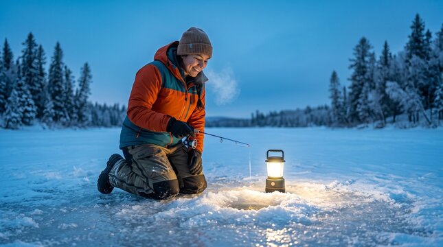 Lantern illuminating ice fishing hole, Man ice fishing with rod by lantern on frozen lake in winter forest  