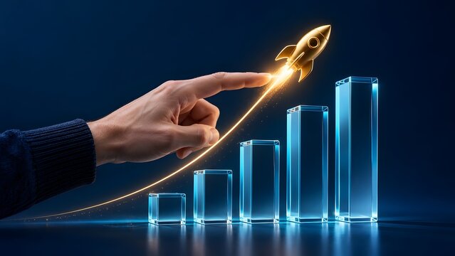 Hand pointing along the glowing trajectory of a launching golden rocket above ascending glass bar chart columns, symbolizing rapid business growth
