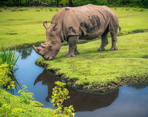White rhinoceros grazing beside a pond with reflection © Robert