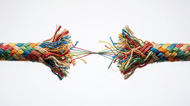 Frayed colorful braided rope about to snap hanging by thin threads on white background