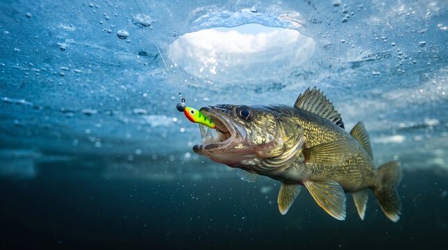 Fish biting on an ice fishing line, Walleye fish biting bait under ice during winter ice fishing