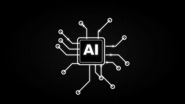 Futuristic microchip icon with white circuit lines and AI text on black background, representing artificial intelligence and machine learning, concept for tech branding, software development, and