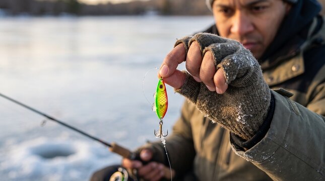 Ice fishing jigging lure in hand, Middle-aged man ice fishing holding lure near frozen lake outdoor  