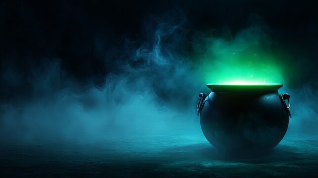 Glowing green magic potion boiling inside dark cauldron with spooky smoke swirling in mysterious atmosphere during Halloween night