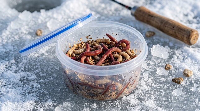 Ice fishing bait worms in a container, Earthworms in plastic container on ice next to fishing rod during ice fishing  