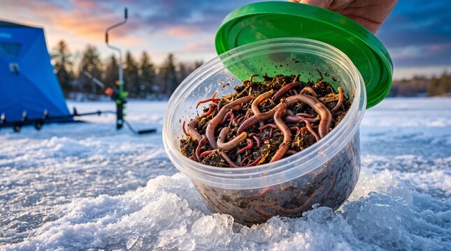 Ice fishing bait worms in a container, Live worms in plastic container on ice for winter fishing outdoors  
