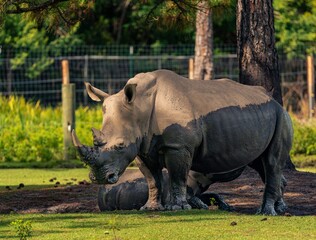 White rhinoceros standing over a resting companion © Robert