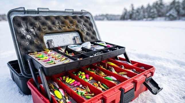 Ice fishing tackle box open, Open tackle box with fishing lures and gear on snowy outdoor surface  