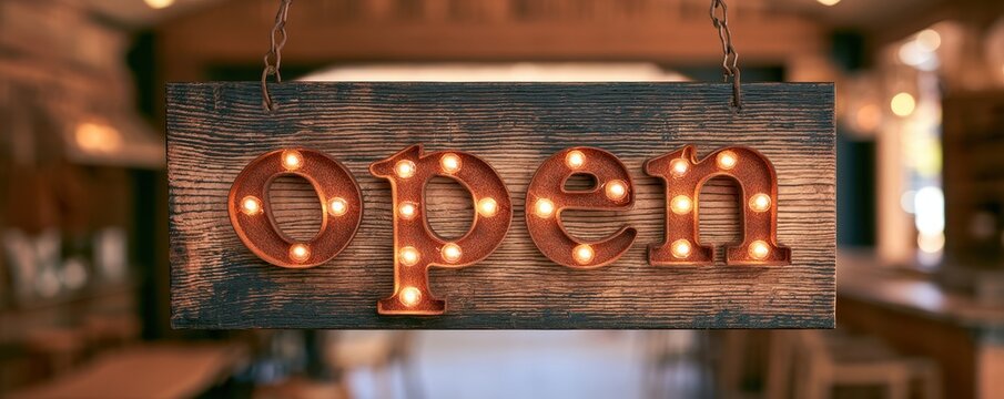 Illuminated wooden open sign hanging with chains inside a dimly lit restaurant or cafe