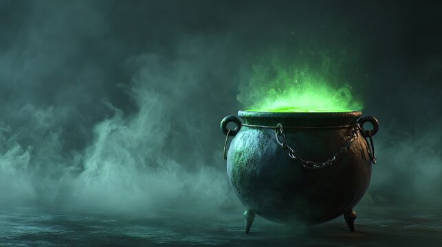 Glowing green magic potion boiling inside ancient black iron cauldron surrounded by dense mysterious dark smoke inside studio