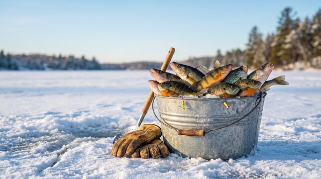 Bucket of freshly caught fish on ice, Fresh perch fish in metal bucket on frozen lake after winter ice fishing  