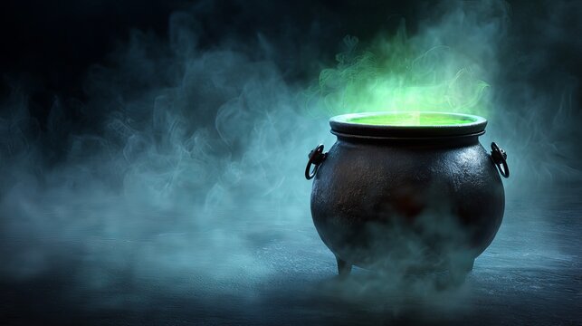 Glowing green magic potion boiling inside dark black cast iron cauldron surrounded by mystical smoke during Halloween night