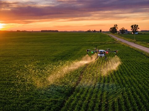 Drone releasing glowing golden microscopic smart dust sensors over green farm field