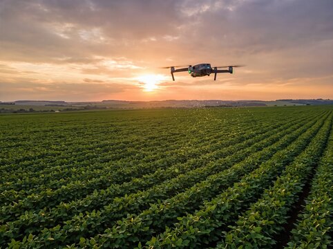 Drone releasing glowing golden microscopic smart dust sensors over green farm field