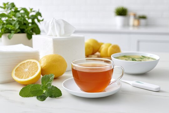 Glass cup of herbal tea with lemon and mint on kitchen counter cold