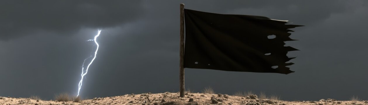 Tattered black flag waving on a wooden pole during a severe thunderstorm with bright lightning
